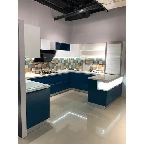 पु कोटेड मैट फिनिश प्लाइवुड और एमडीएफ यू शेप मॉड्यूलर किचन