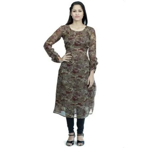 Multicolor Casual Wear Regular Fit Long Sleeve Round Neck Printed Chiffon Ladies Kurti 