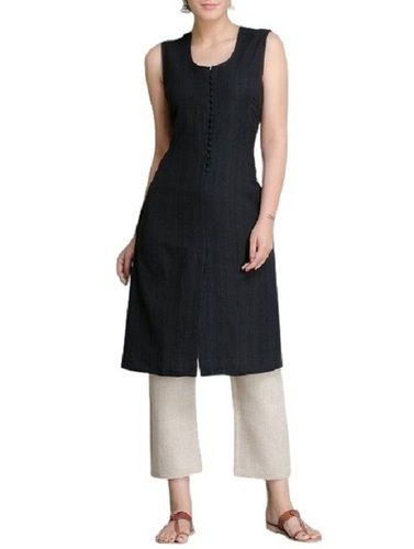 Ladies Plain Black Sleeve Less Cotton Casual Wear Kurti