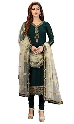 Green And Cream Party Wear Regular Fit Long Sleeve V-Neck Embroidered Georgette Ladies Suit