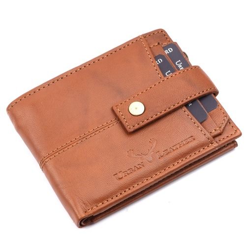 Bi Fold Mens Brown Button Closure Plain Leather Wallet