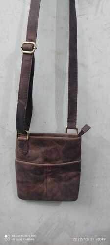 Mens Adjustable Plain Brown Leather Sling Bag For Casual Wear