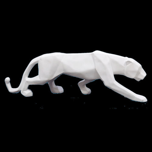 Abstract Art Geometric White Polyresin Panther Statue, Length 41 CM