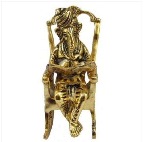 Designed Polished Treatment Painted Surface Aluminium Gold Finish Chair Ganesh Ji Statue
