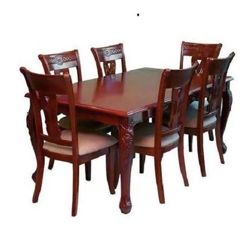 Machine Made Polished Teak Finish 6 Seater Wooden Dining Table Set 