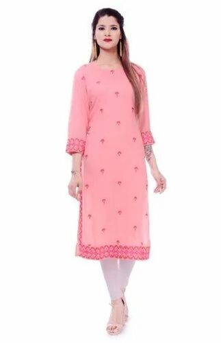 Pink 3/4Th Sleeves And Round Neck Plain Casual Wear Cotton Kurti For Ladies