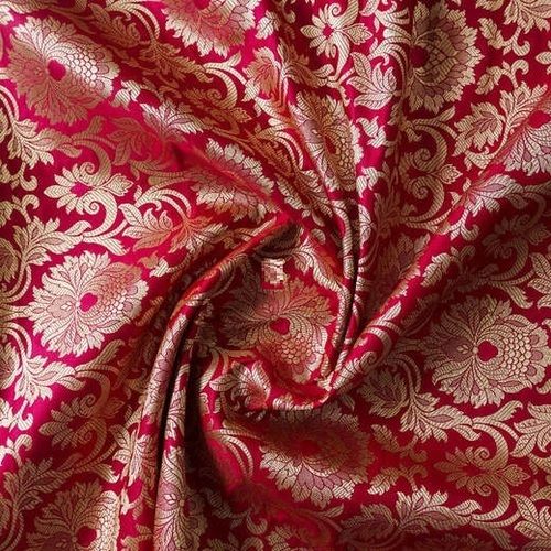 Red 44 Inches Wide Shinny Zari Work Soft Silk And Cotton Brocade Fabric