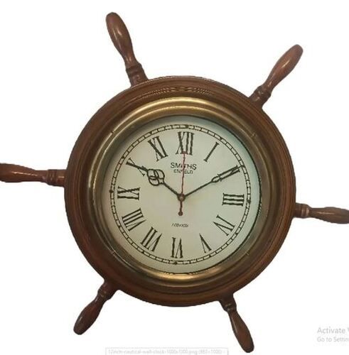 Brown Round 12 Inch Polished Wooden Nautical Wall Clock