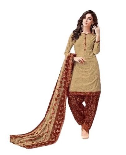 Red And Beige Anti Wrinkle Soft Skin Friendly Printed Cotton Salwar Suit With Dupatta