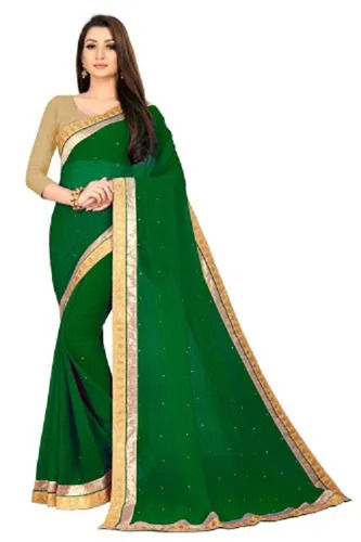 Green Sequins Work Bodered Bollywood Style Party Wear Plain Georgette Saree