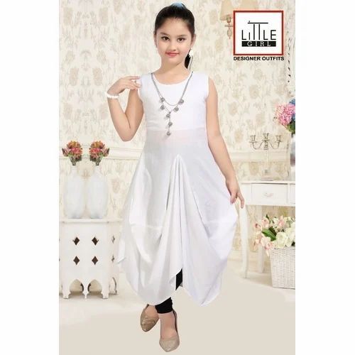 Girls Sleeveless Summer White Rayon Kurti