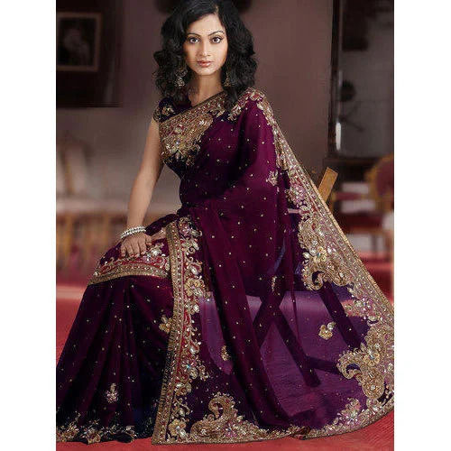 Ladies Dark Purple Embroidered Georgette Sarees With Blouse Piece