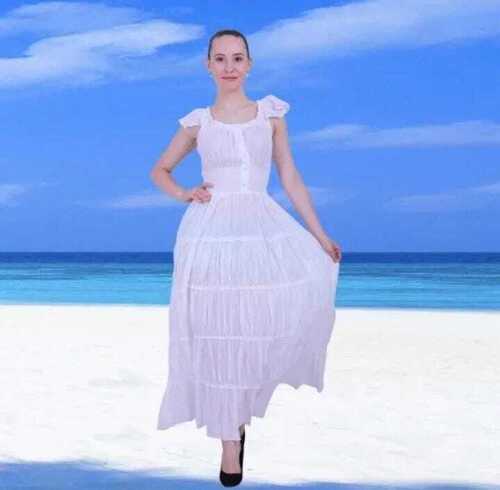 महिलाओं के लिए कैज़ुअल शॉर्ट स्लीव स्टिच व्हाइट टियर मैक्सी ड्रेस