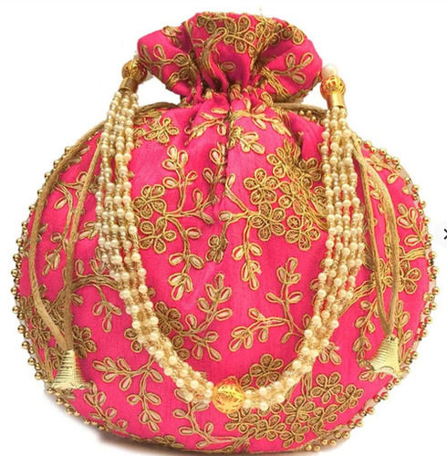 20x22x20 Cm Designer Embroidery Cotton Potli Bags For Ladies