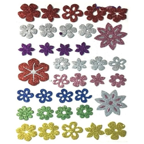 Glittery Flower PVC Sticker Pack - 1.2mm Thickness, 37 Multicolor Adhesive Stickers for Personalizing Tags, Notebooks & More