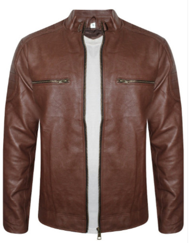 Brown Full Sleeves Casual Wear Zipper Closure Leather Jacket For Mens 