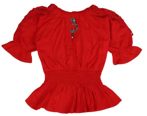 Red Short Sleeves Casual Wear Round Neck Plain Rayon Top For Girls 