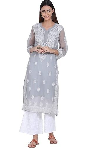 Skin Friendly 3/4th Sleeves Embroidered Chiffon Kurti For Ladies