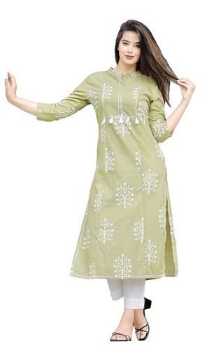 Washable And 3/4th Sleeves Casual Wear Plain Cotton Kurti For Ladies