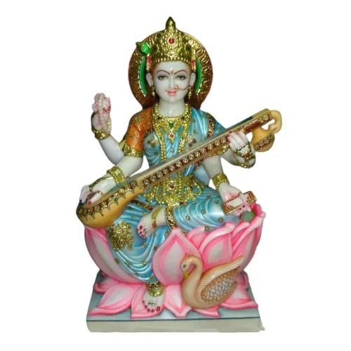 Easy To Install 1.5 Feet Scratch Resistant Polished Marble Lord Saraswati Statue