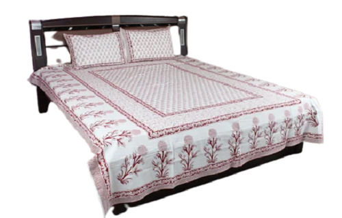 White And Pink 100% Cotton Full Size Block Printed Bed Sheet