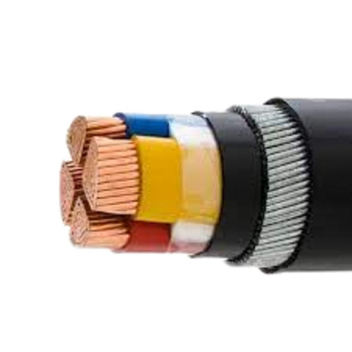 220 Voltage Four Core PVC Insulated Copper Armoured Cable for Electric Fittings Use - 0.75mm Insulation Thickness, Black Jacket, Reddish-Brown Connector | Industrial Grade, Solid Round Conductors, PVC Shielding, Rated at 40Â°C