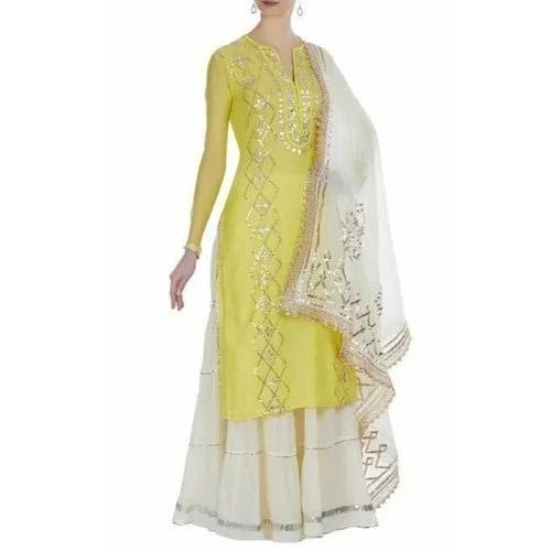 White And Yellow Breathable Full Sleeve Party Wear Rayon Palazzo Suit 