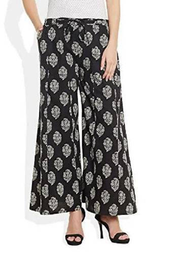 Black Lightweight Casual Wear Printed Cotton Palazzo For Ladies 