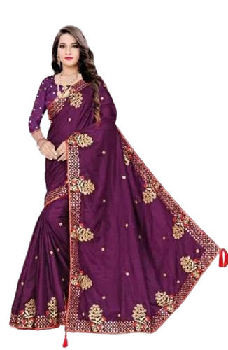 Puprle Party Wear Embroidered Silk Saree For Ladies