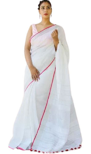 White And Pink Party Wear Plain Linen Saree For Ladies