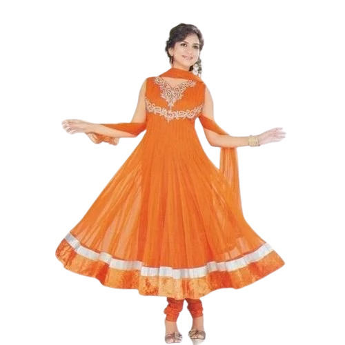 Orange Sleeveless Embroidered Net And Satin Anarkali Suit For Women