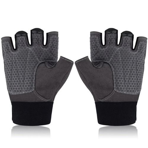 Black Reusable Half Finger Leather And Rexin Weight Lifting Gloves