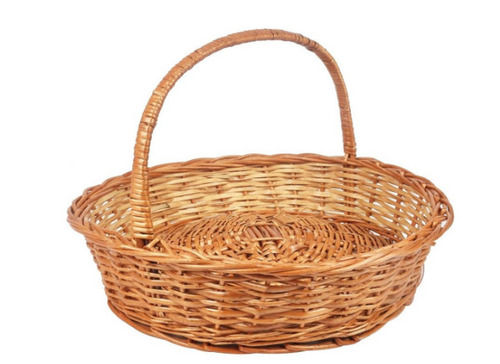 Brown 18 Inches Round Handcrafted Cane Fruit Basket With Handle 