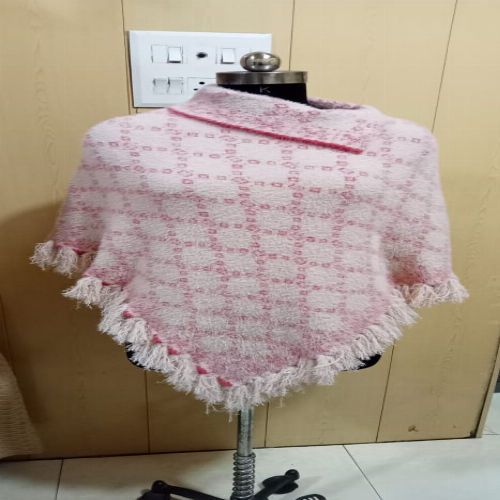 White & Baby Pink Ladies Free Size Designer Full Sleeve Printed Woolen Poncho