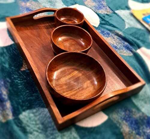 Brushed Finished Dark Brown Wooden Tray Set (1 Tray + 3 Bowl)