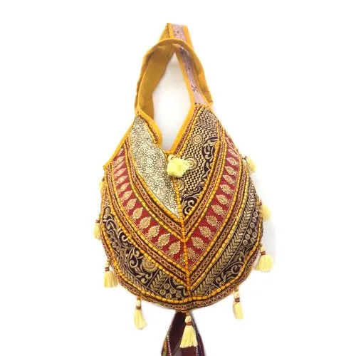 Button Closure Multicolor Oval Designer Ladies Hand Embroidered Shoulder Bags
