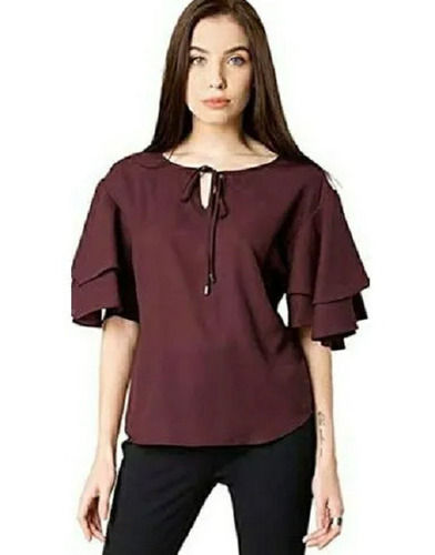 Maroon Casual Wear Plain Short Sleeves Cotton Top For Women 