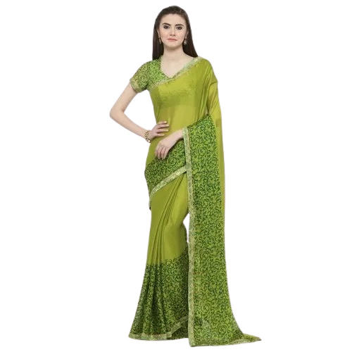 Green Casual Wear Soft Skin Friendly Printed Chiffon Saree With Blouse Piece