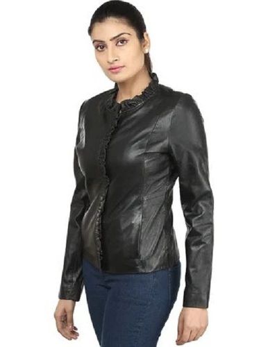 Black Full Sleeve Plain Ladies Leather Jacket