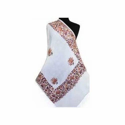 Natural White Printed Border Unisex Kashmiri Shawl