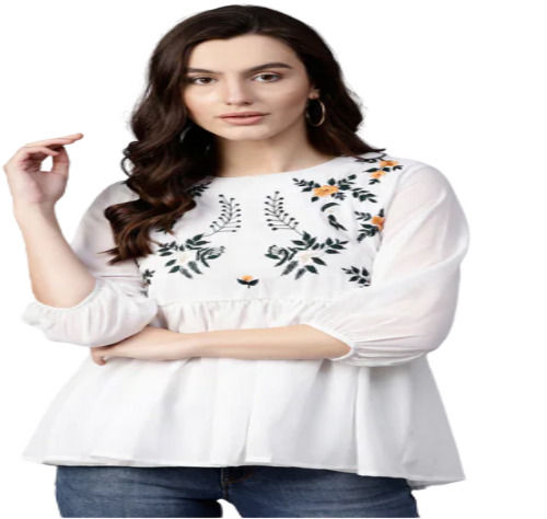 White And Black 3/4Th Sleeves Casual Wear Embroidered Cotton Top For Ladies