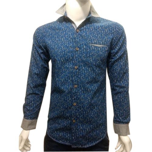 Regular Fit Blue Casual Mens Full Sleeve Printed Cotton Shirt