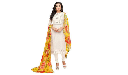 White 3 By 4 Sleeve Printed Chanderi Suit For Ladies