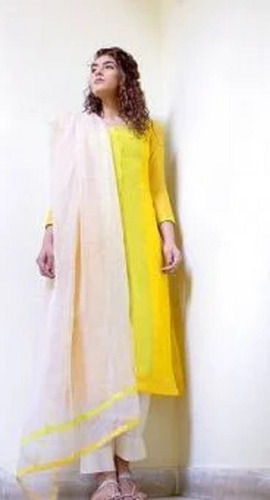 Yellow Green Plain 3/4Th Sleeves Washed Customizable Laces Indian Wear Cotton Silk Suit