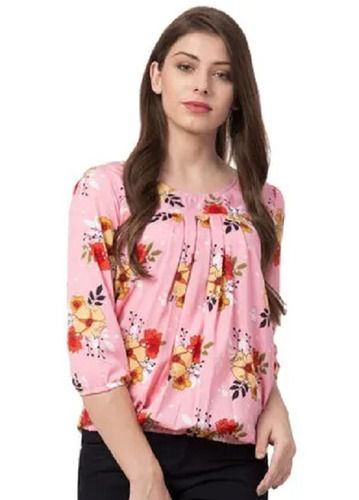 Multicolor Round Neck Soft Polyester Fabric Printed Top For Ladies