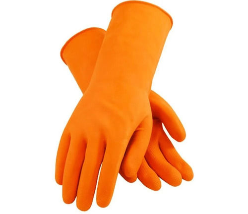 Orange Washable Waterproof Full Finger Plain Rubber Hand Gloves For Safety Purpose 