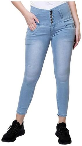 Blue Casual Wear Slim Fit Ankle Length Plain Dyed Straight Denim Jeans For Ladies