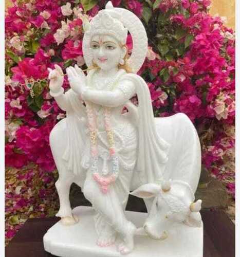 Dust Resistance Marble Krishna Statue With Cow For Home And Office