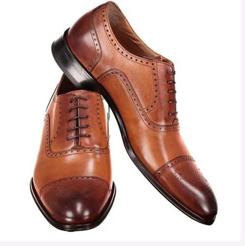 Brown Semi Round Toe Style Lace Closure Leather Formal Shoes For Men'S