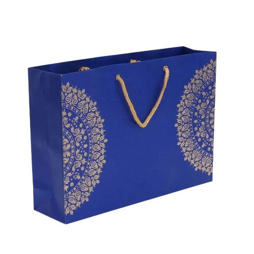 Blue And Golden 13X7X13 Inches Eco Friendly Rectangular Printed Paper Bag 